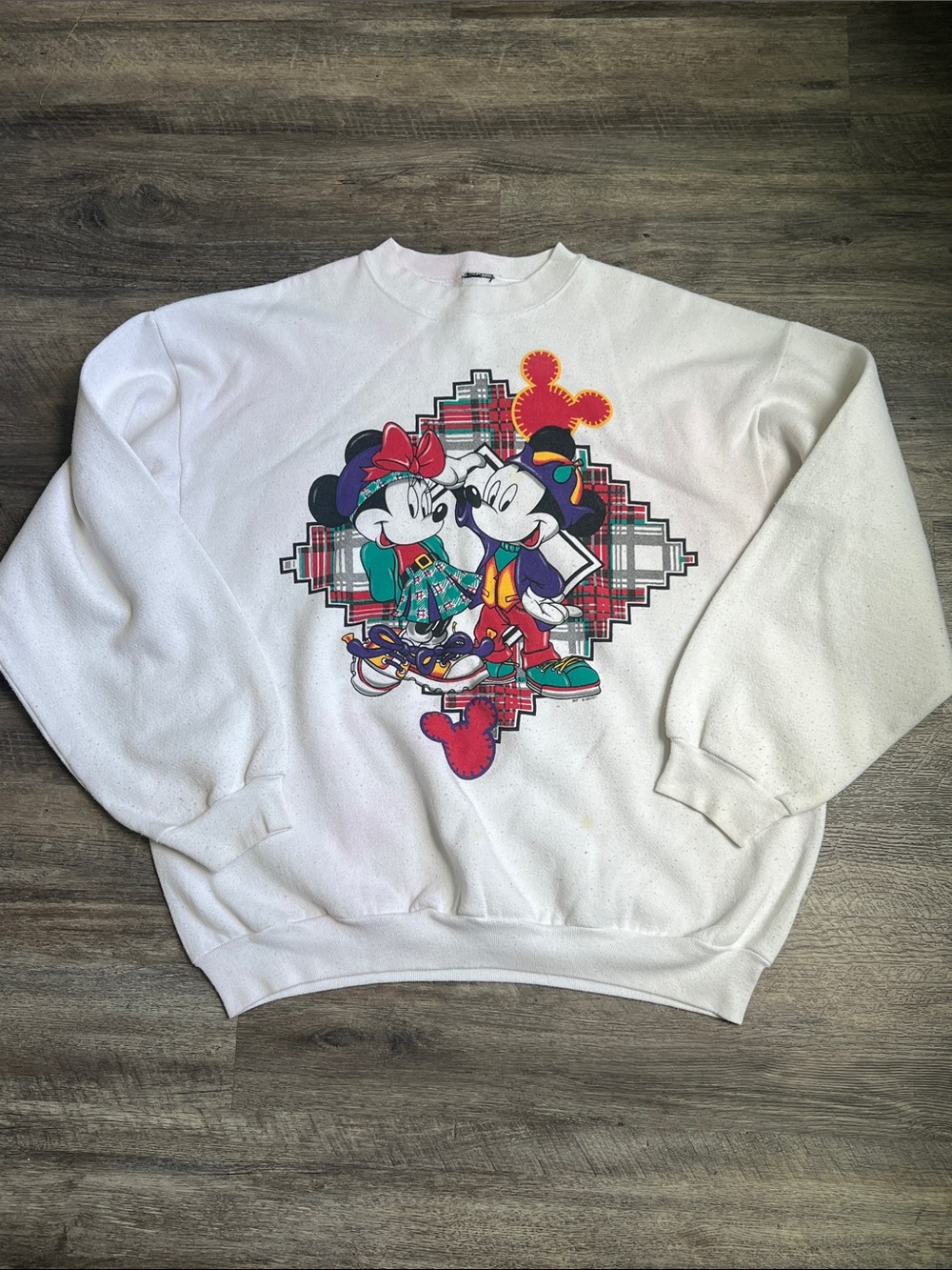 Disney Mickey Minnie Plaid Sweatshirt White Retro 🦋